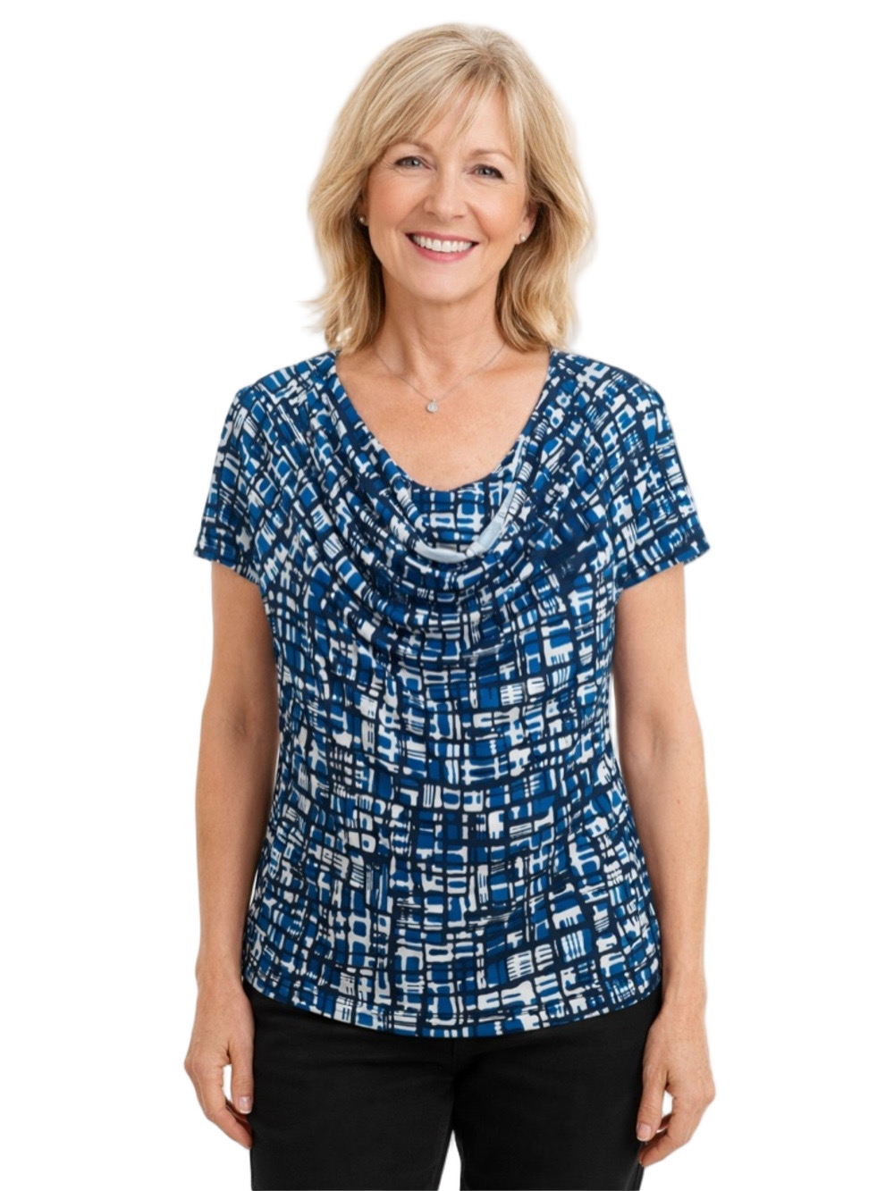 studio works blue and white blouse with draped neckline and geometric design